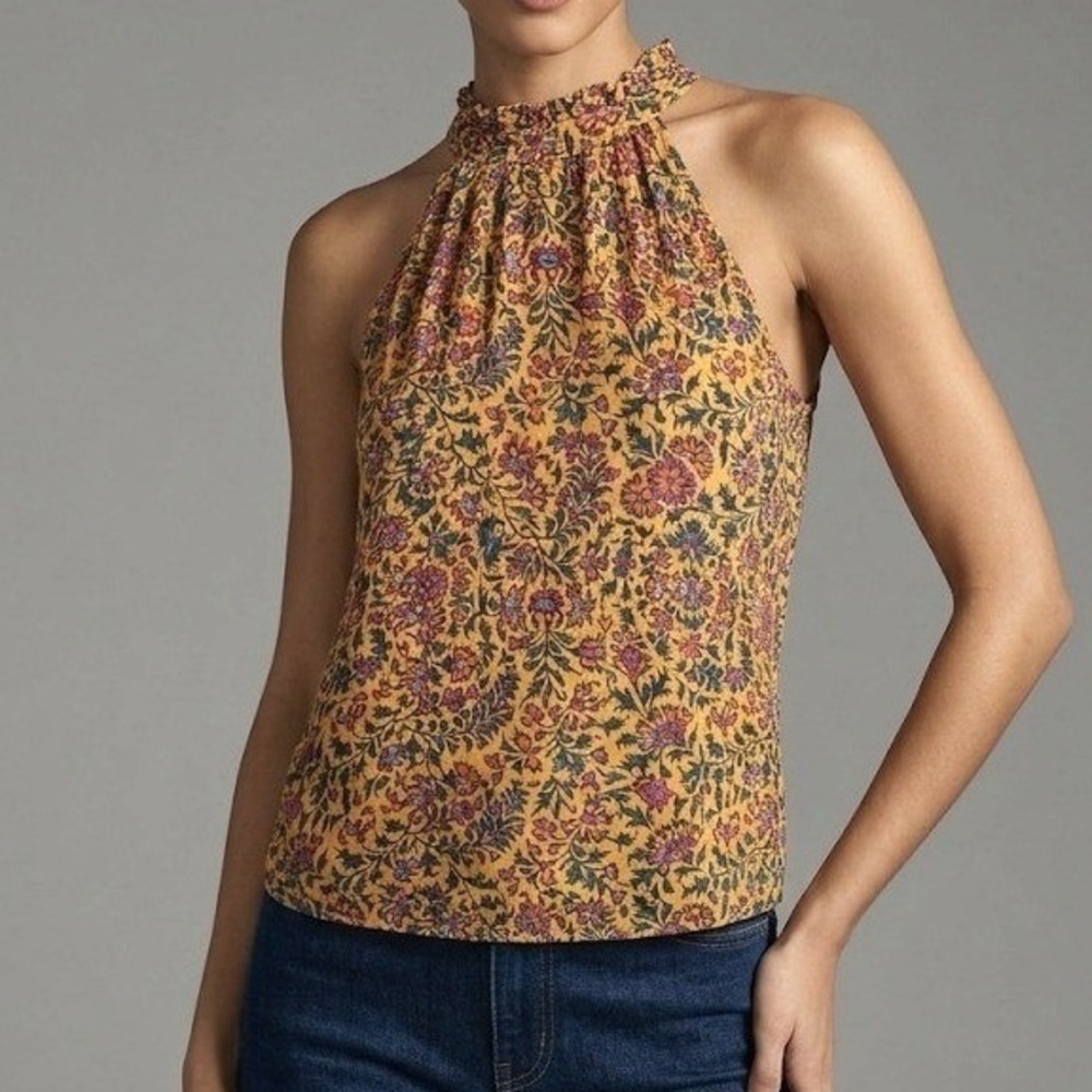 XS Cynthia Rowley Womens Halter Top Mustard Floral Ruffle Neck Blouse‎ PHOTOS